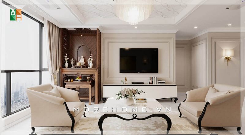 Kệ tivi có thiết kế tân cổ điển với màu trắng chân gỗ, phù hợp với bộ sofa đẳng cấp.